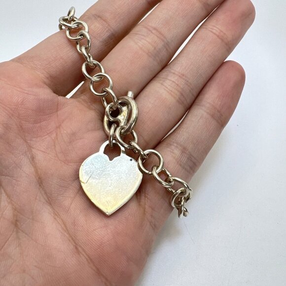 Sterling SIlver 925 Round Link Chain Bracelet Heart Tag Toggle Clasp 7.5" Length - Picture 6 of 10